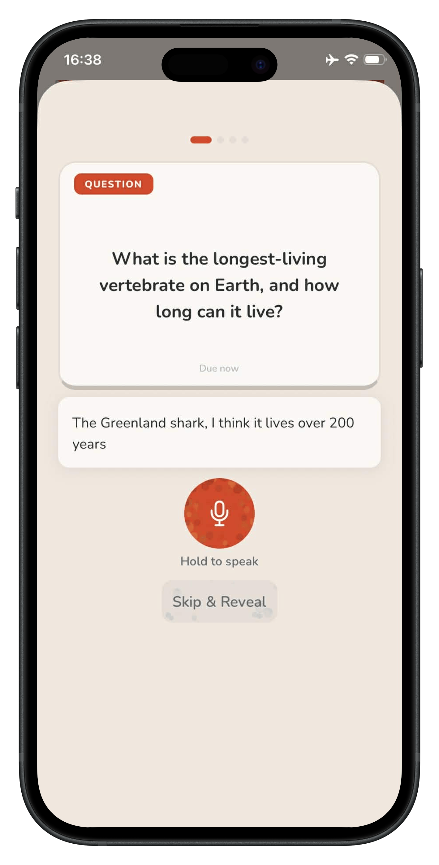 Ochre review screen with the user's answer typed or spoken in
