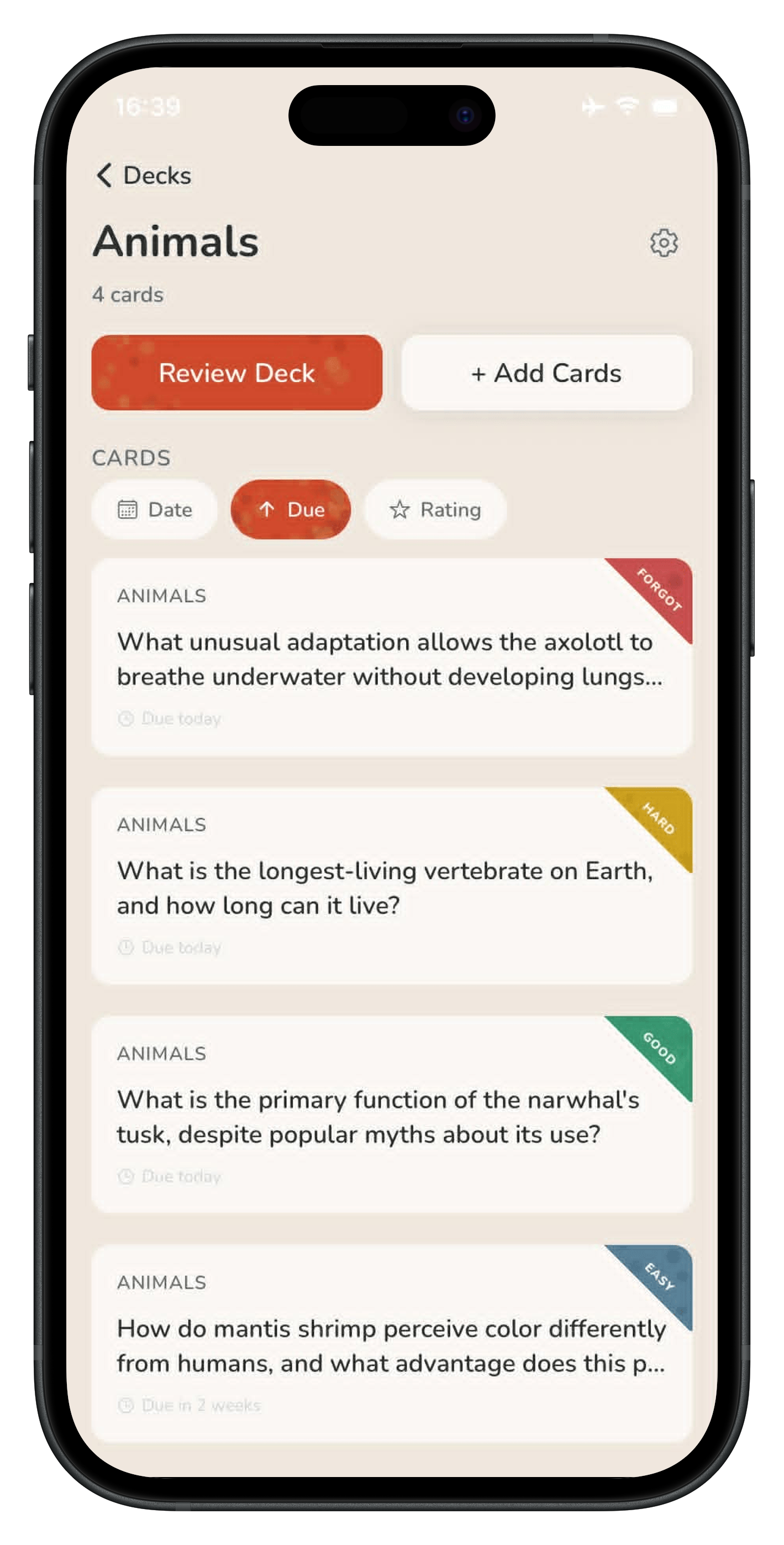 Ochre deck screen showing the cards generated from the fact