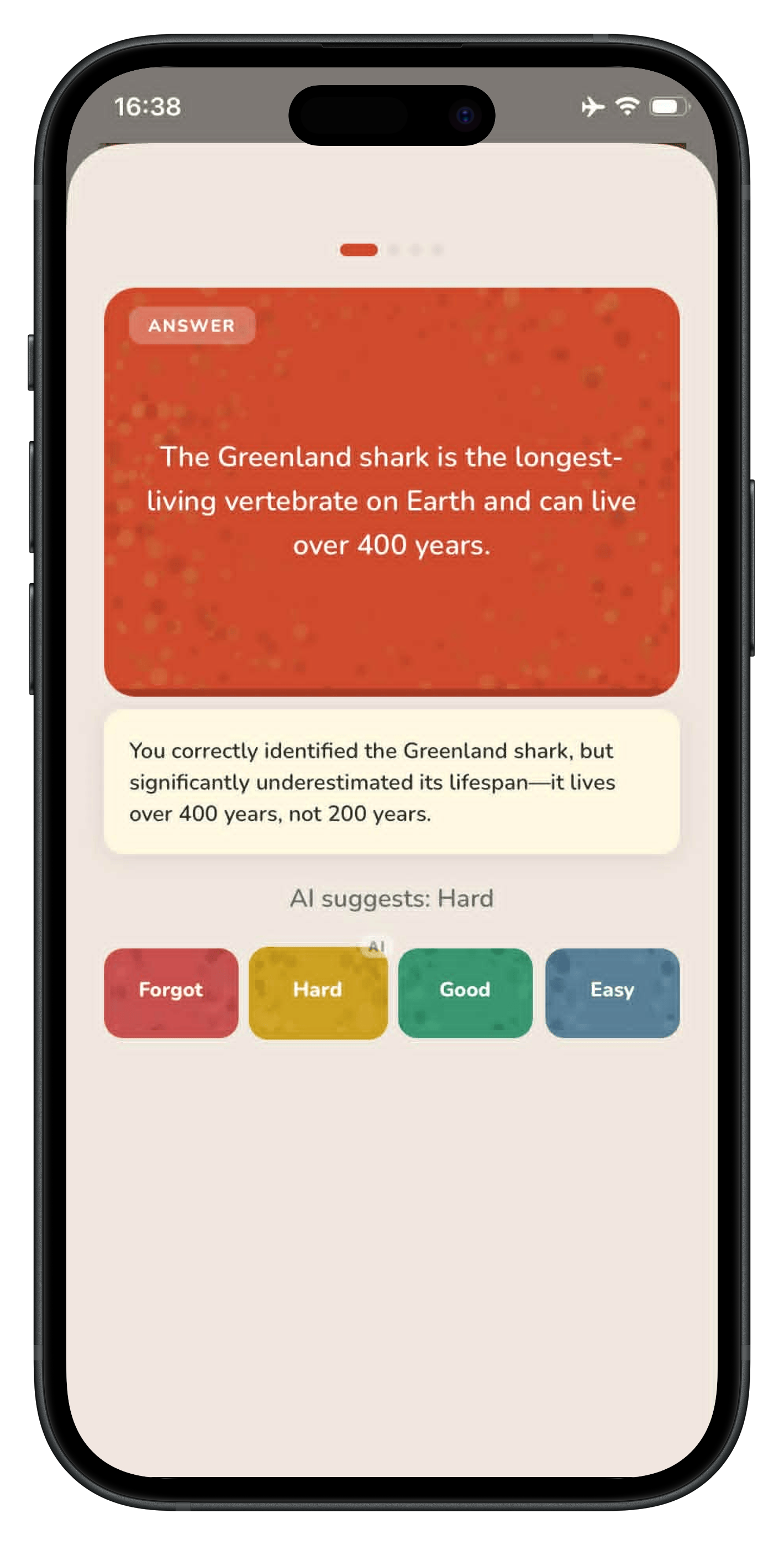 Ochre review screen with answer revealed and a suggested rating